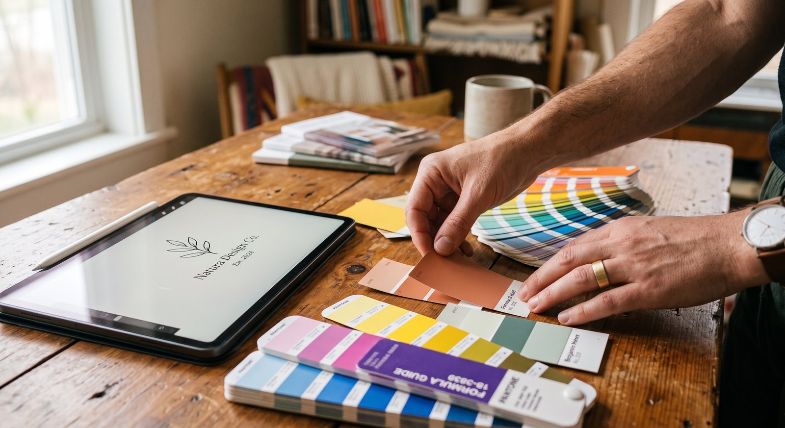 Diseñador organizando muestras de color Pantone sobre mesa de madera con tablet